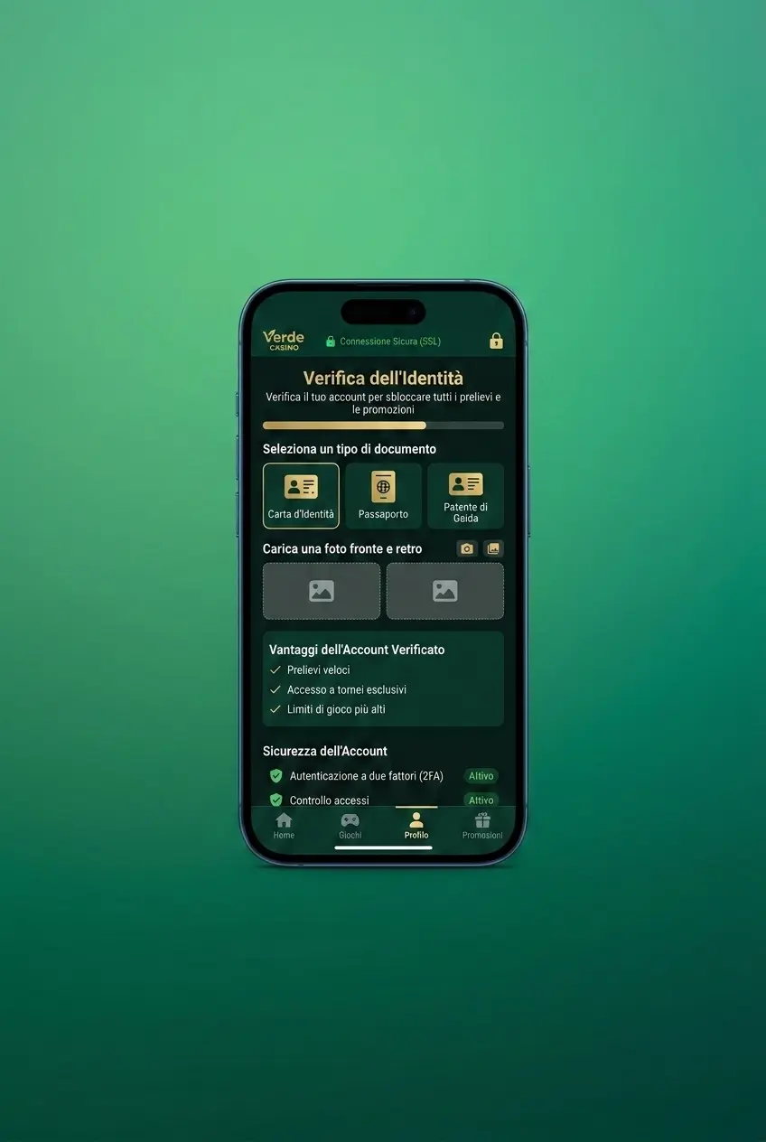 Schermata app Verde Casino con verifica identità in italiano, caricamento documenti e indicatori di sicurezza account