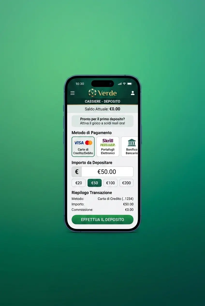 Schermata mobile Verde Casino con sezione cassa, metodi di pagamento e campo deposito per attivare il bonus benvenuto